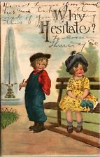 Postcard Comic Why Hesitate Boy Girl on Bench Blushing picture