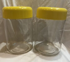 Vintage Heller Designs 8” Glass Storage Jars MCM Canisters Plastic Yellow Lids picture