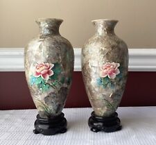 Pair of VTG Chinese Mother of Pearl Vases w. 3D Vases & Wooden Bases, 9 3/4” T. picture