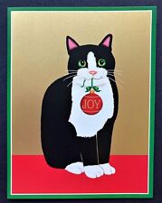 *ONE* Caspari Tuxedo Cat With Ornament Christmas Card Black & White Green Eyes 1 picture