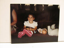 VINTAGE FOUND PHOTOGRAPH COLOR ART OLD PHOTO WHITE TODDLER GIRL SMILING ON COUCH picture