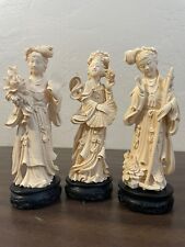 Set of 3 Resin Carving Geisha Figurines on a Wooden Stand 7 ½” picture