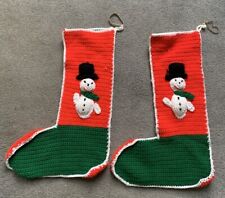 Matched Pair Of Vintage Knitted Or Crochet Christmas Stockings With Snowmen picture