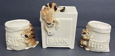 Quon Quon Japan Raccoon Ceramic Salt Pepper Shakers & Bank Vintage 1980s picture
