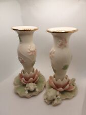 Set Of 2 Lenox Floral Frog Candlesticks Lilypad Lotus Flowers Frogs With FLAW picture