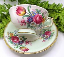 BEAUTIFUL VINTAGE PARAGON ENGLAND MINT GREEN & FLORALS CUP AND SAUCER picture