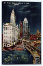 Chicago Illinois IL Postcard Wrigley Buildings And River By Night Scene c1940's picture