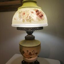 1967 Mid-Century Large Olive Glass Hand Painted Floral GIM Parlor Hurricane Lamp picture