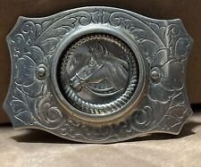 Vintage Silver Chambers Floral Horse Belt Buckle picture