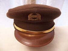 Vintage Military Visor Cap -brown wool, leather visor, gold badge, stretchy band picture