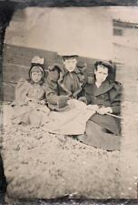 ORIG VICTORIAN Tintype / Ferrotype Photo c1860s THREE YOUNG GIRLS AT THE SEASIDE picture