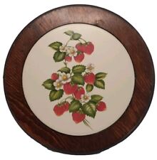 Vintage Mid-Century Mod Ceramic/Wood Kitchen Tile/Trivet/Coaster Red Strawberry picture
