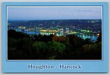 Houghton Hancock Michigan Aerial View at Twilight, MI Continental Postcard picture