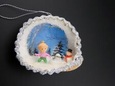 Vintage Christmas Snowman and Sledding Girl Shell Diorama Ornament picture