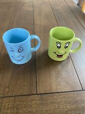 2 Allied Design Happy Face Coffee Mugs Tea Cup Handle 3D Vintage Blue & Green picture