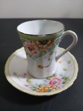 Vintage Japanese Demitasse Cup & Saucer Hand Painted 1940s Set Of 2 Pink Flowers picture