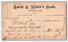 Hamburg Iowa IA Wright Co. IA Postal Card Smith & Whites Bank 1875 Posted picture