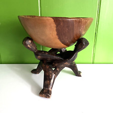African Folk Art Wood Hand Carved People Figure Tripod Bowl & Stand decor tribal picture