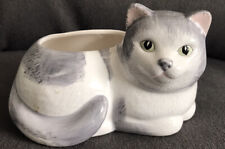 Vintage Cat Planter Grey White Pink Ears 6” Laying Position picture