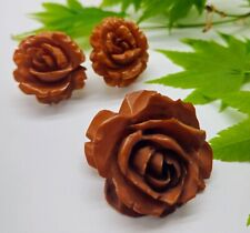 Vintage Bakelite Carved Caramel Rose Earrings and Pin Brooch Set picture
