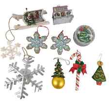Set 10 Farmhouse Country Christmas Tree Ornaments Vintage Hallmark Tin Snowflake picture