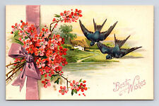 Best Wishes Swallow Birds Red Flowers Country Lakeside Home Cottage Postcard picture