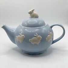 Kate Williams Global Design Easter Bunny Rabbit Blue White Ceramic Teapot RARE picture