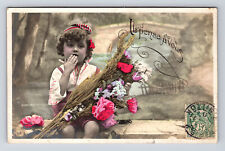 c1907 RPPC Hand Colored Portaitof Young Child Flowers Bouquet Postcard picture
