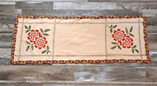 VTG Table Runner Hand Embroidered Beige Boho Bright Red Flowers Cottage 40x15 picture