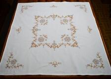 Two Vintage white cotton tablecloths W/Brown Floral Hand Embroidery 33