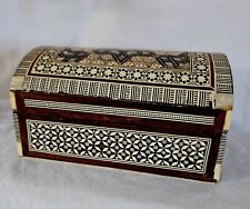 Vintage Hinged Wood Dome Trinket Jewelry Box Glaze Overall Inlaid Parquetry MOP  picture
