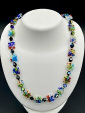 Hand Blown Glass Beaded Necklace Millefiori Flowers Multicolor Square 18
