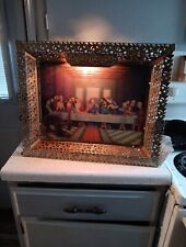 Vintage Metal Filigree Framed Lighted Jesus Last Supper 3D Wall /Easel 21x17
