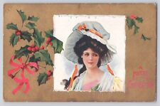 Postcard Christmas Beautiful Lady In Bonnet Hat With Holly Antique Unposted picture