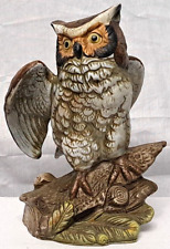 Vintage Great Horned Owl Figurine Ceramic Signed Hand Painted Realistic 7.75