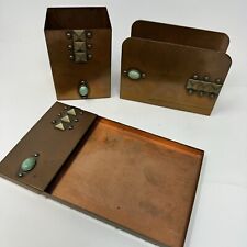 Vintage 3 Piece Desk Top set Solid Copper and Turquoise Western picture