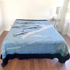 Vtg Dolphin Mink Plush Bedspread Blanket Blue 78