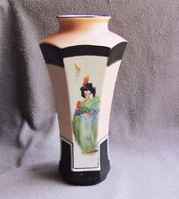 Art Deco German Porcelain Hexagonal Vase Peach & Black w/ Painted Figure picture