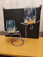 Double Lotus Candle Stand. Rare Blue Glass. Measurements In Pictures  picture