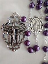 Beautiful Catholic Purple Glass Faux Pearl Rosary MM Ctr Ornate Crucifix  picture