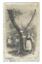 Postcard RPPC Undivided Back 1901-1907 Girls Doves Tree Dog 