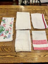 Lot of 5 Vintage Kitchen Dish Towels White Pink Startex Stripes Crochet Edge picture