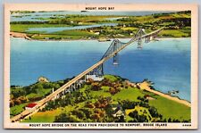 Newport Rhode Island Mount Hope Bay & Bridge Aerial View Linen Postcard picture