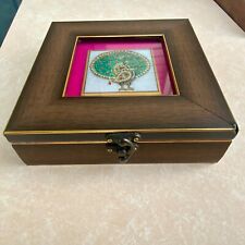 💥Golden Beaded Peacock Wood Jewelry Trinket Keepsake Box India Art💥 picture