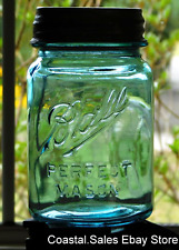 Vintage Aqua Blue #9 Ball Perfect Mason Jar Bottle with Ball Metal Lid Top picture