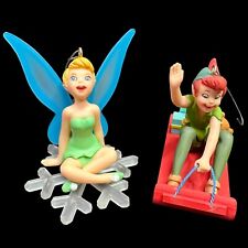 2 Vtg Grolier Disney Christmas Ornaments Tinkerbell Snowflake & Peter Pan Sled picture
