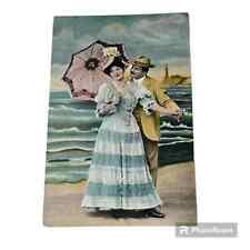 Postcard Woman Man On Beach With Parasol Lighthouse Romantic Vintage A170 picture