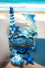 Trinket Box Dolphins Surf Fish Starfish & Lighthouse Sea Blue picture