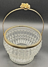 Vintage Cut Glass Bowl Basket Ice Bucket w/gold-toned metal rim handle floral picture