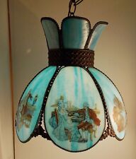 Slag Glass 6 panel Swag Lamp Blue w Victorian couple images vintage 12x13.5 picture